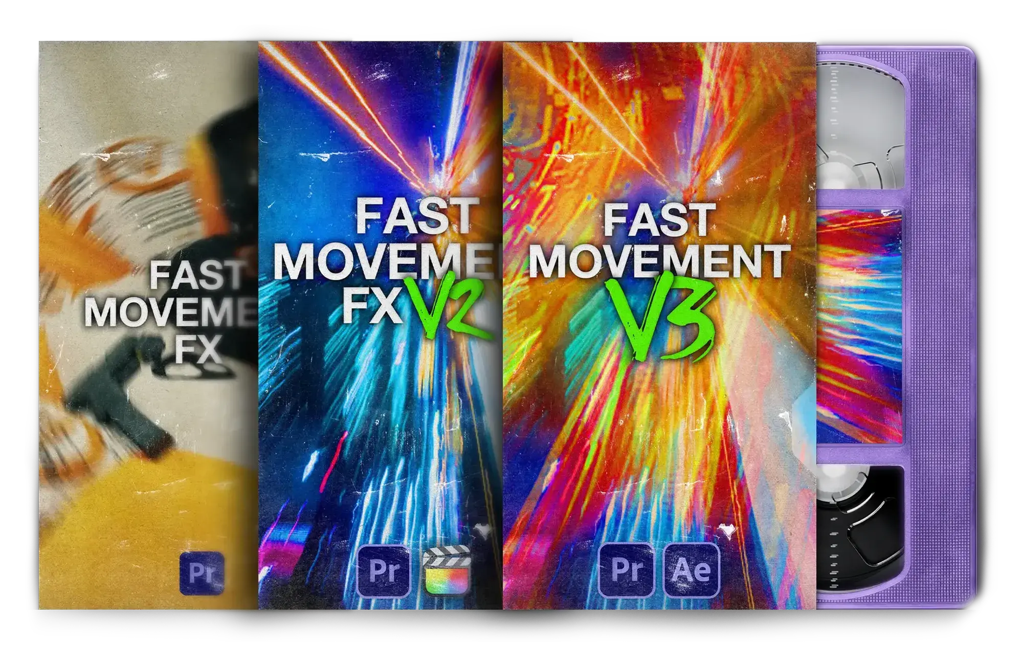 Fast Movement FX Bundle: the Fast Movement FX, V2 and V3 covers fanned in front of a purple VHS tape