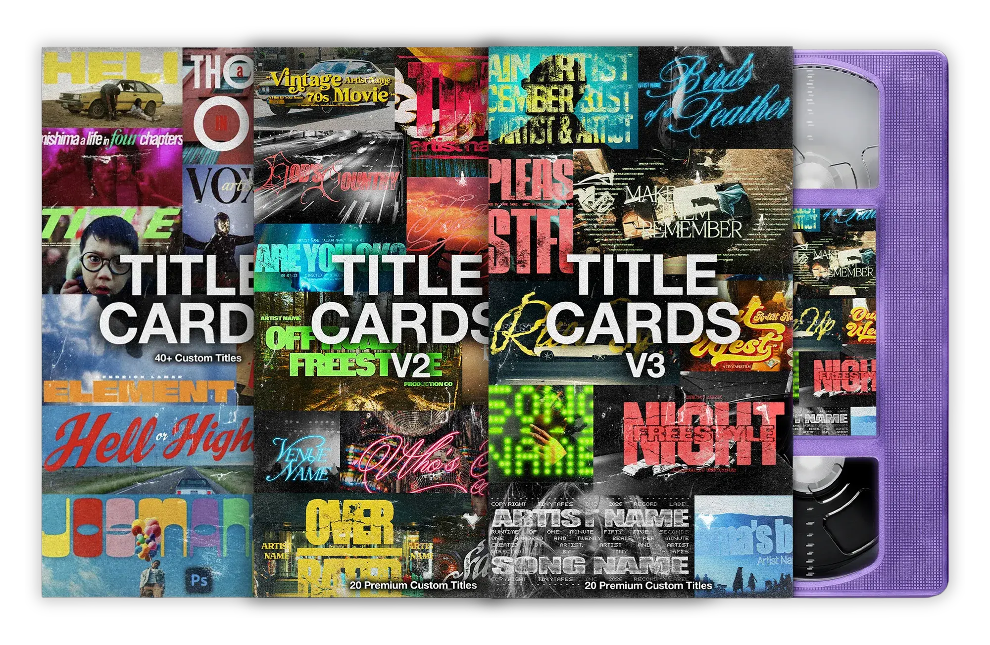 Title Cards Bundle: the Title Cards, Title Cards V2 and Title Cards V3 covers fanned in front of a purple VHS tape